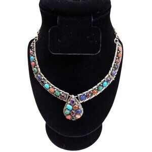 Vintage Native American Necklace Turquoise & Multi Stone Makers Mark Test 925